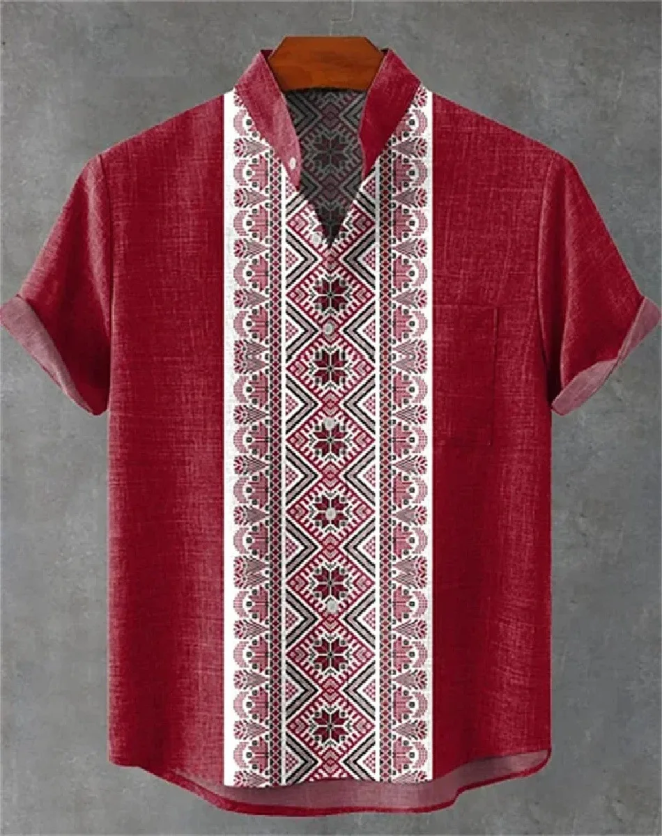 New casual shirt men's linen short sleeved top printed design fashionable street style fashionable Hawaiian button top