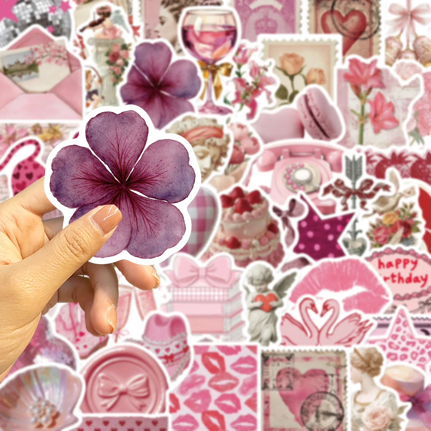 50 cartoon girls love poem pink stickers for decorating journals, DIY phone cases, and guitar waterproof stickers