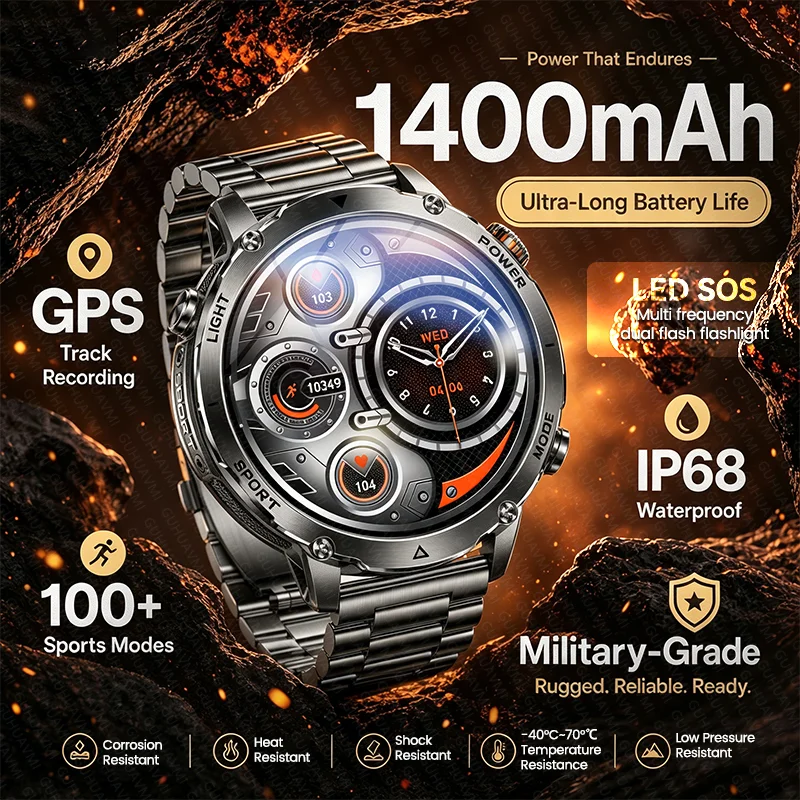 

Outdoor Men New GPS Smart Watch 1400mAh Durable Battery Flashlight IP67 Waterproof Bluetooth Call 100+Sports Mode Smartwatch Man