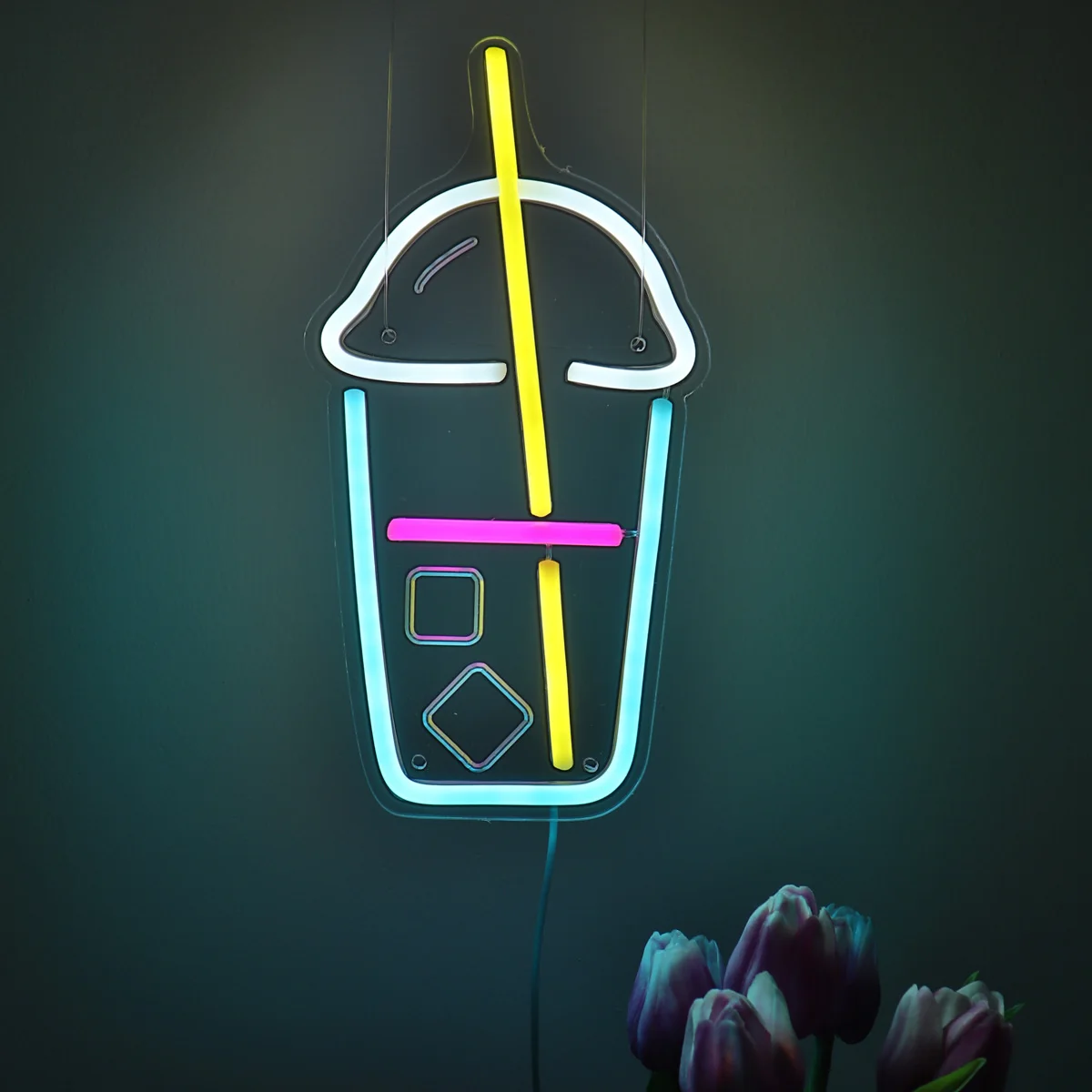 Bebida Copo Plástico Forma com Curva Cubos de Gelo LED Wall Neon Signfor Leite, Chá, Coffee Shop, Decoração da Parede, 5,91 \