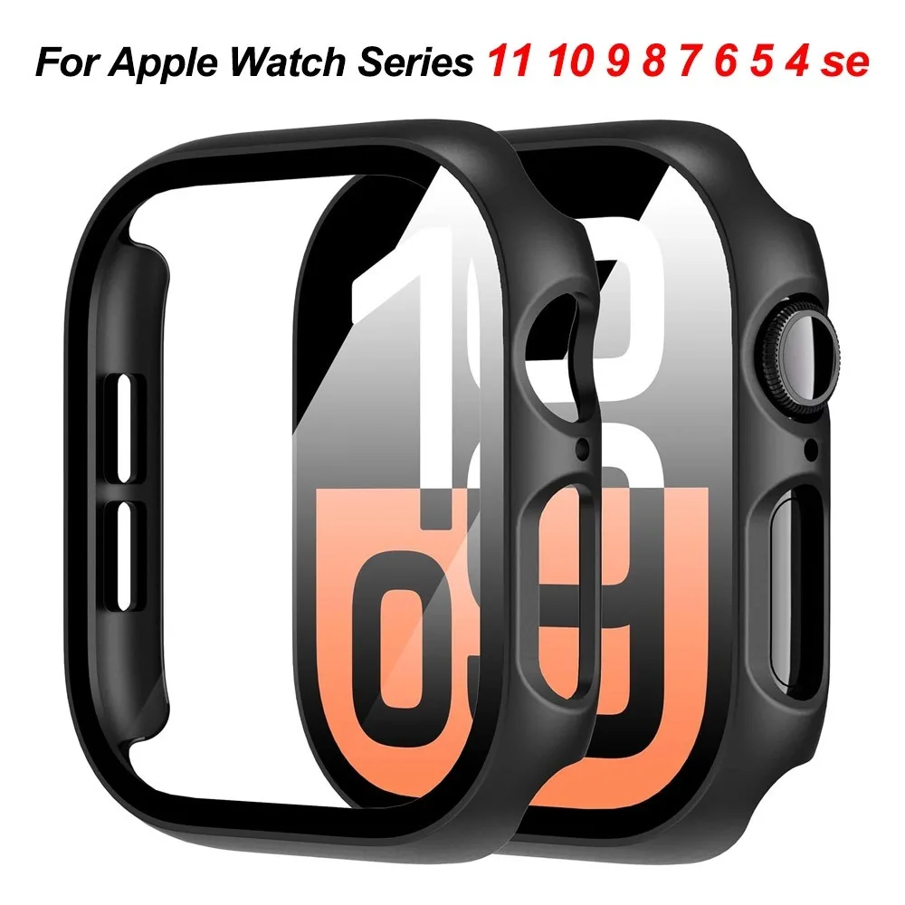 Защитный чехол из закаленного стекла и поликарбоната для Apple Watch Series 11, 10, 9, 8, 7, 6, 5, 4SE (46 мм, 42 мм, 44 мм, 40 мм, 41 мм, 45 мм)