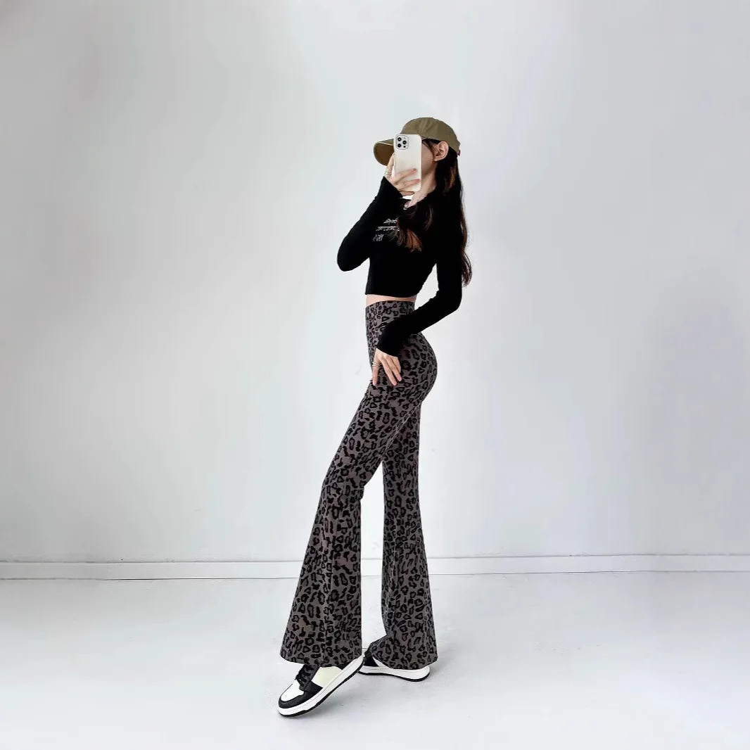 2025 Leopard Print Flared Pants Micro-pull Pants High Waist Women's Pants