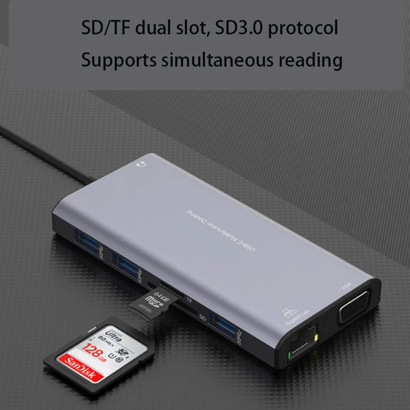USB محور من النوع C إلى محول ، محول شاشة خارجي ، SD ، قارئ بطاقة TF ، قراءة جيجابت ، منفذ RJ45 ، محطة قفص الاتهام