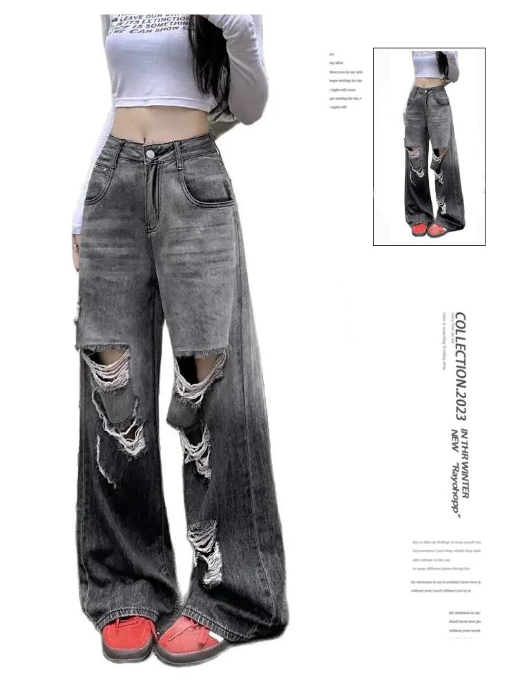 

Women's Black Gothic Baggy Y2k Ripped Jeans Harajuku Aesthetic Streetwear 2000s Denim Trousers Vintage Jean Pants Trashy Clothes