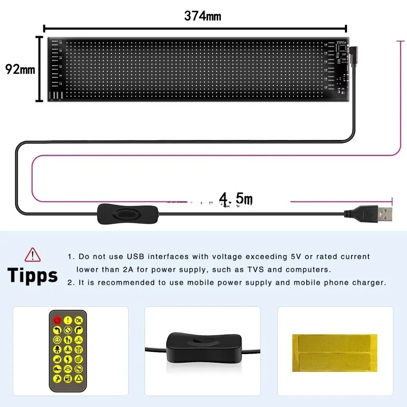 374X92MM Application Programmable Light Emitting Diode Car Signage USB 5v Scroll Information Light Matrix Panel Decoration