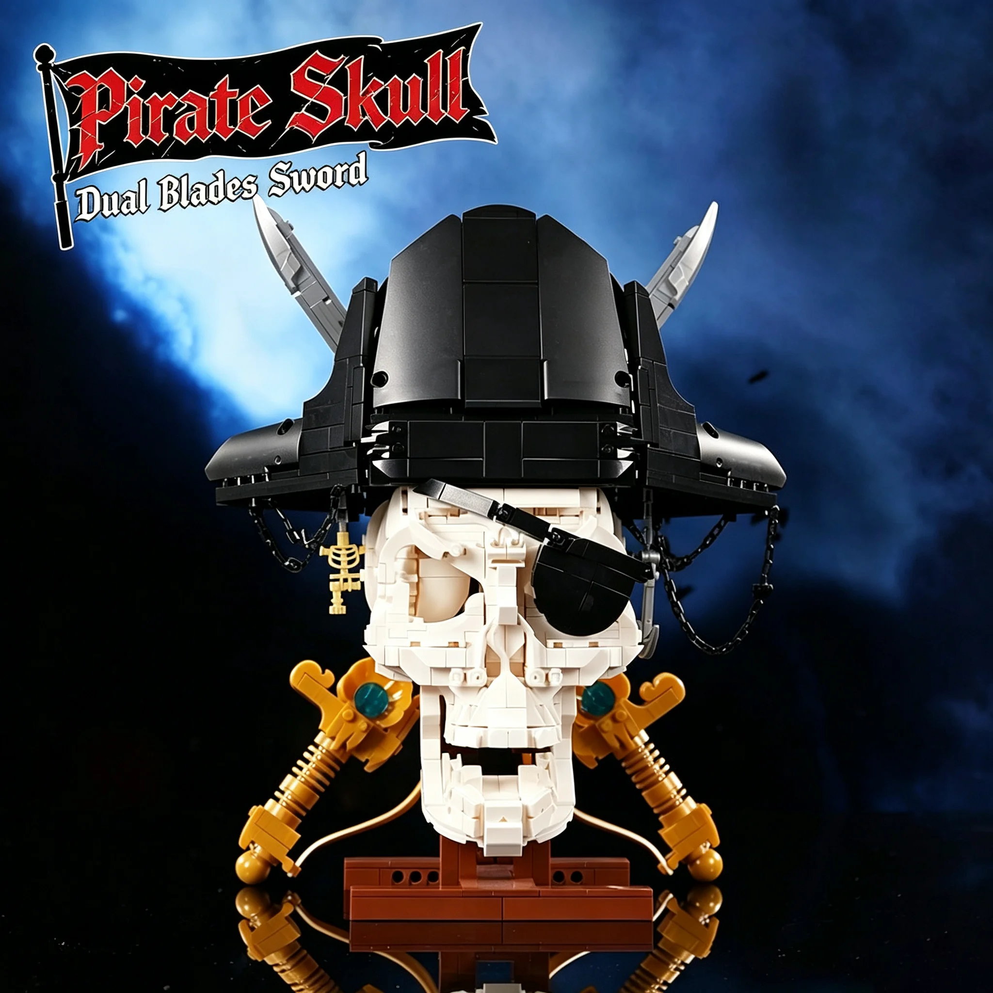 3D Gothic Pirate Skull Building Blocks for Adults Skeleton Head Moc Plastic Model with Display Base 1167Pieces Bricks Sets