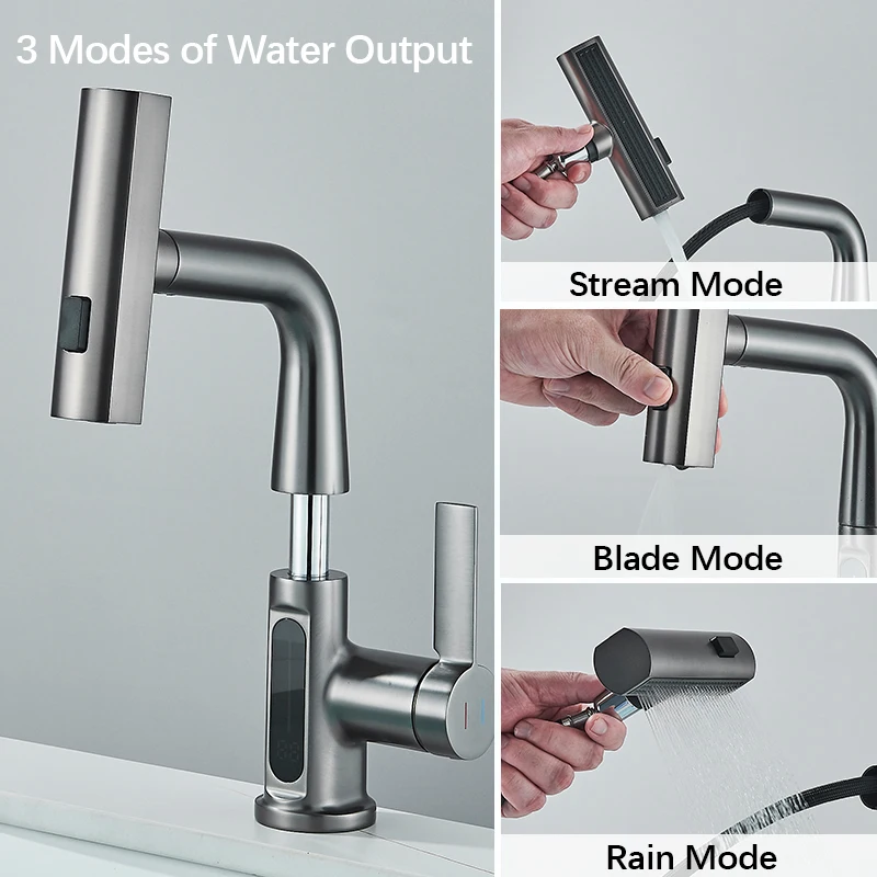 Temperature Digital Display Basin Faucet For Bathroom Pull Out Waterfall Stream 3 Way Sprayer Hot Cold Water Sink Mixer Wash Tap