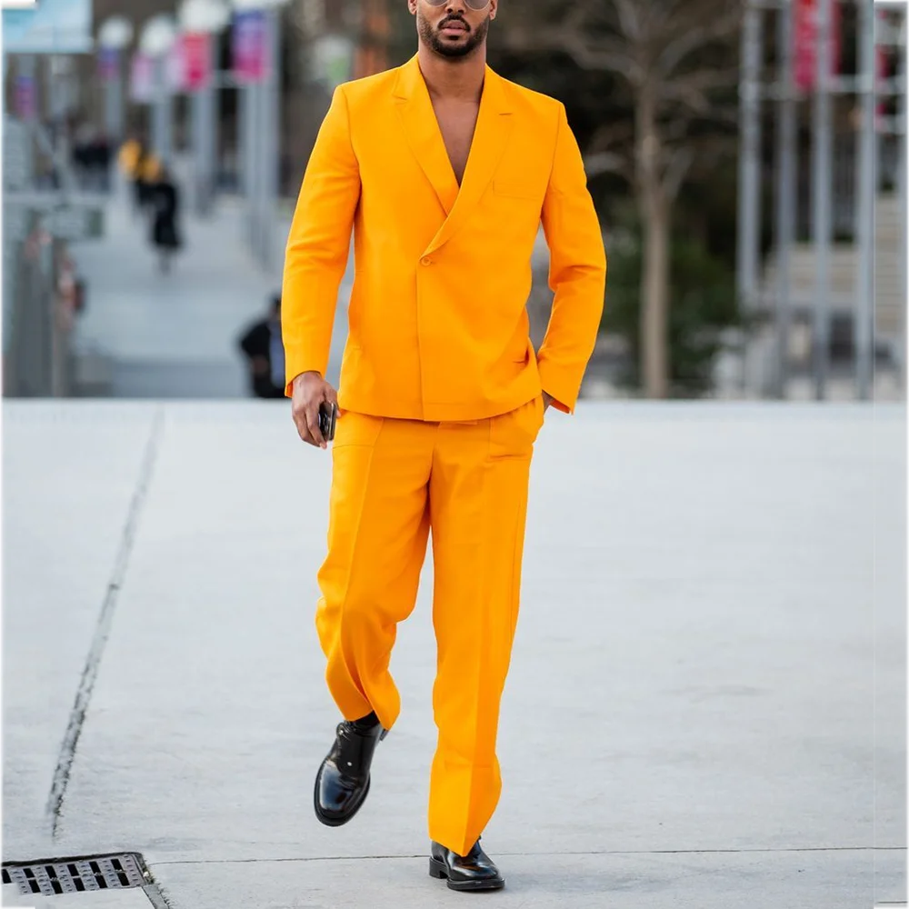 

Luxury Gold Men's Suit Set Notch Lapel Solid Color Two Pieces High Quality Club Party Smart Casual Fashion Male Clothing