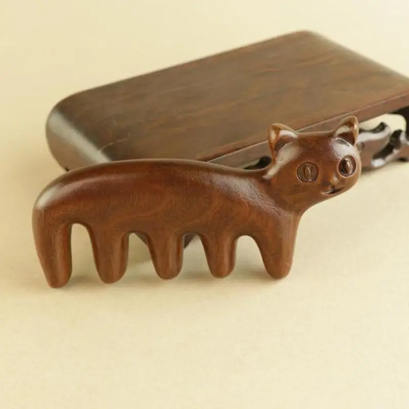 New Cat Shape Sandalwood Hair Comb Scalp Relax Acupoint Massager Portable Wooden Handle 5 Teeth Comb Anti-Static Styling Tool