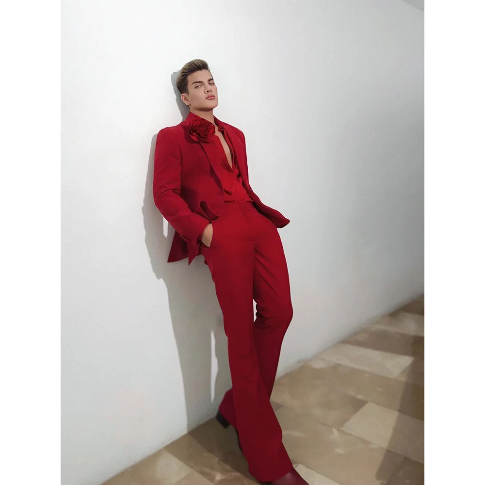 

Handsome Red Men's Suit 2 Pieces Jacket Pants Dinner Party Dress High-end Fashion Trousers Blazer Set