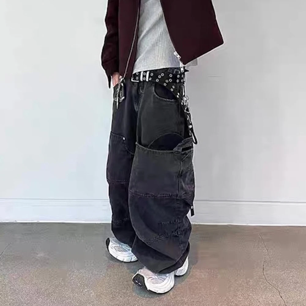 خمر غسلها حلقة مزدوجة جيب كبير صورة ظلية السراويل البضائع غير رسمية للرجال مستقيم الهيب هوب روبا هومبر السراويل الفضفاضة