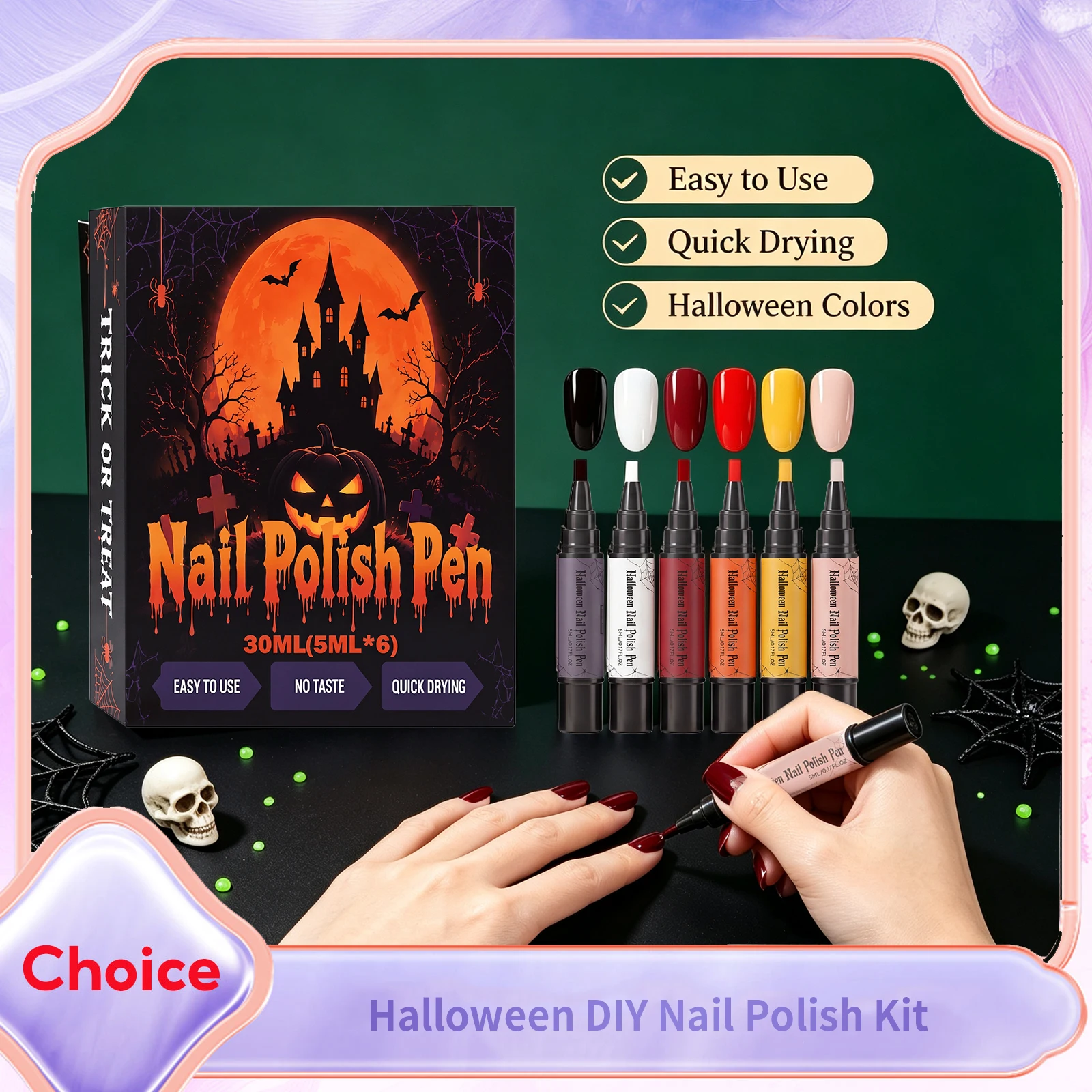 6 Color DIY Nail Art Pens Halloween Theme Quick Dry Waterproof No Odor Water Based Nails Drawing For Beginners Nail Polish Kit