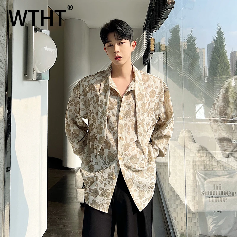 

WTHT Trendy Men's Flower Print Ribbon Design Shirts Fashion 2025 Autumn Casual Turn Down Collar Long Sleeves Tops Male 2A1364