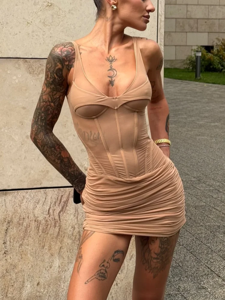 Solid Semi Sheer Pleated Mini Dresses Women Sexy Corset Boned Waist Cinched Slim Fit Sleeveless Dress Summer Party Vacation Gown