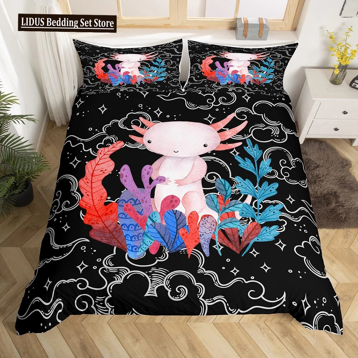 

Cute Axolotl Duvet Cover Set Full Size Cartoon Salamander Bedding Set Kawaii Animals Comforter Cover Constellation Black Decor