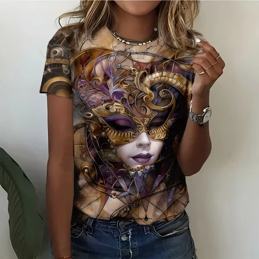 

Mysterious Purple Gold Mask Women's Art T-shirt Y2K Leisure Fashion Comfortable Summer Short Sleeve Women's Casual T-shirt