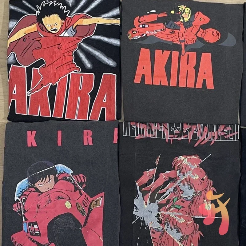 Men Women Hiphop Street Anime Cartoon Short Sleeve AKIRA T-shirts Vintage Washed Distressed Loose Casual Cotton Top Tees