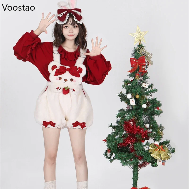 Imagem -05 - Shorts de Pelúcia Lolita Bonito Japonês para Mulheres Blusa Vermelha Doce Urso dos Desenhos Animados Arco de Morango Calças Curtas Meninas Y2k Bloomers Macacão