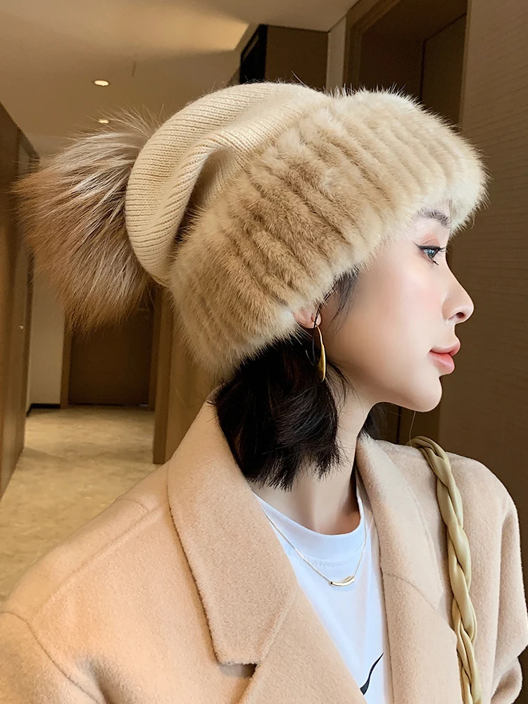 

Luxury Female Fur Hat Fshion Knitted Ladies Real Mink Fur Beanies Cap Winter Women's Hat Warm Natural Mink Fur Hats Elasti