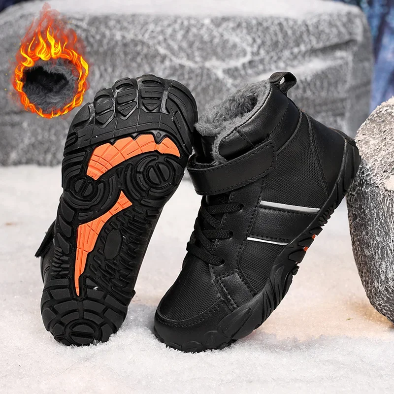 Botas de invierno para niños, zapatos descalzos para exteriores, botas de nieve cálidas de felpa impermeables para niños, zapatillas antideslizantes