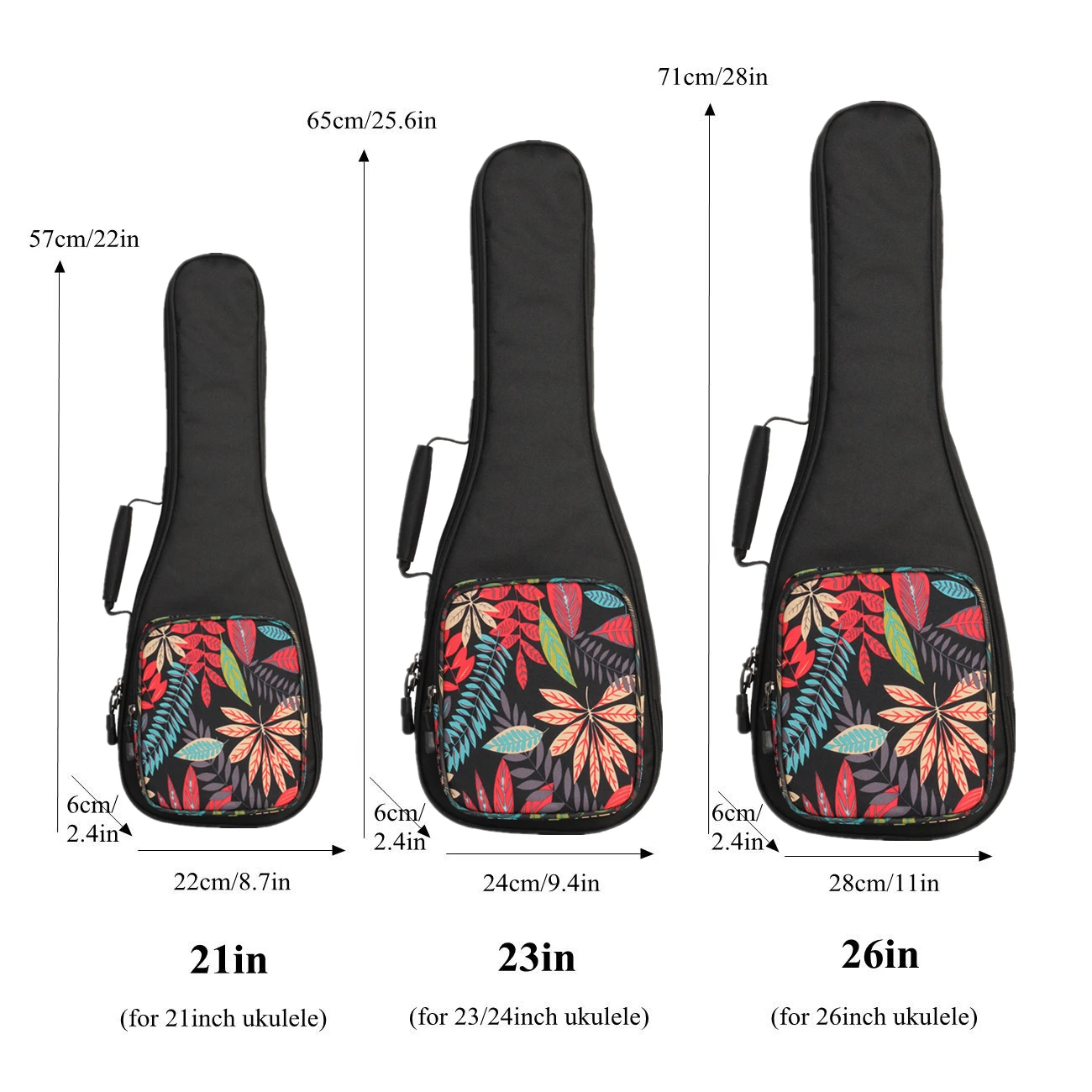 21 / 23 / 26 Inch Mysterious Leaves Beautiful Ukulele Gig Bag with 10mm Sponge Padding, Soft 4 Strings Guitar Case