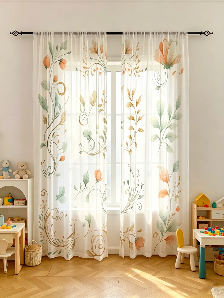 2PCS 디지털 프린트 시스루 커튼, 그린 오렌지 덩굴 - Home Decor Orange 리뷰 및 가격