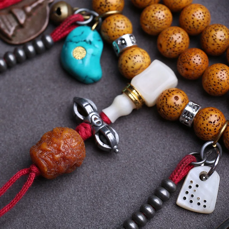 Seed Moon Bodhi , 108-Piece Hand-Held Buddhist Prayer , Cut-Old-Material Agate, Dzi Beads, And Turquoise Accessor