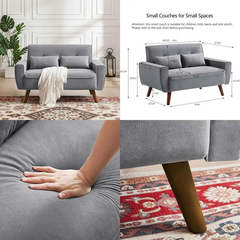 Mid Century Modern 2-Seat Tufted Loveseat Sofa with Throw Pillows for Living Room and Apartment