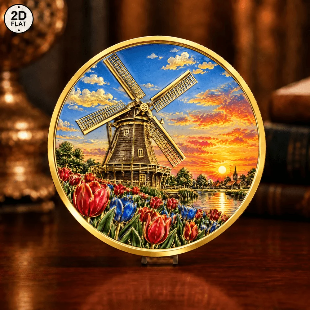 1pc Netherlands Windmill Tulip Metal Challenge Coin UV Print Sunset Dutch Landscape Commemorative Medal Gift for Travel Lovers
