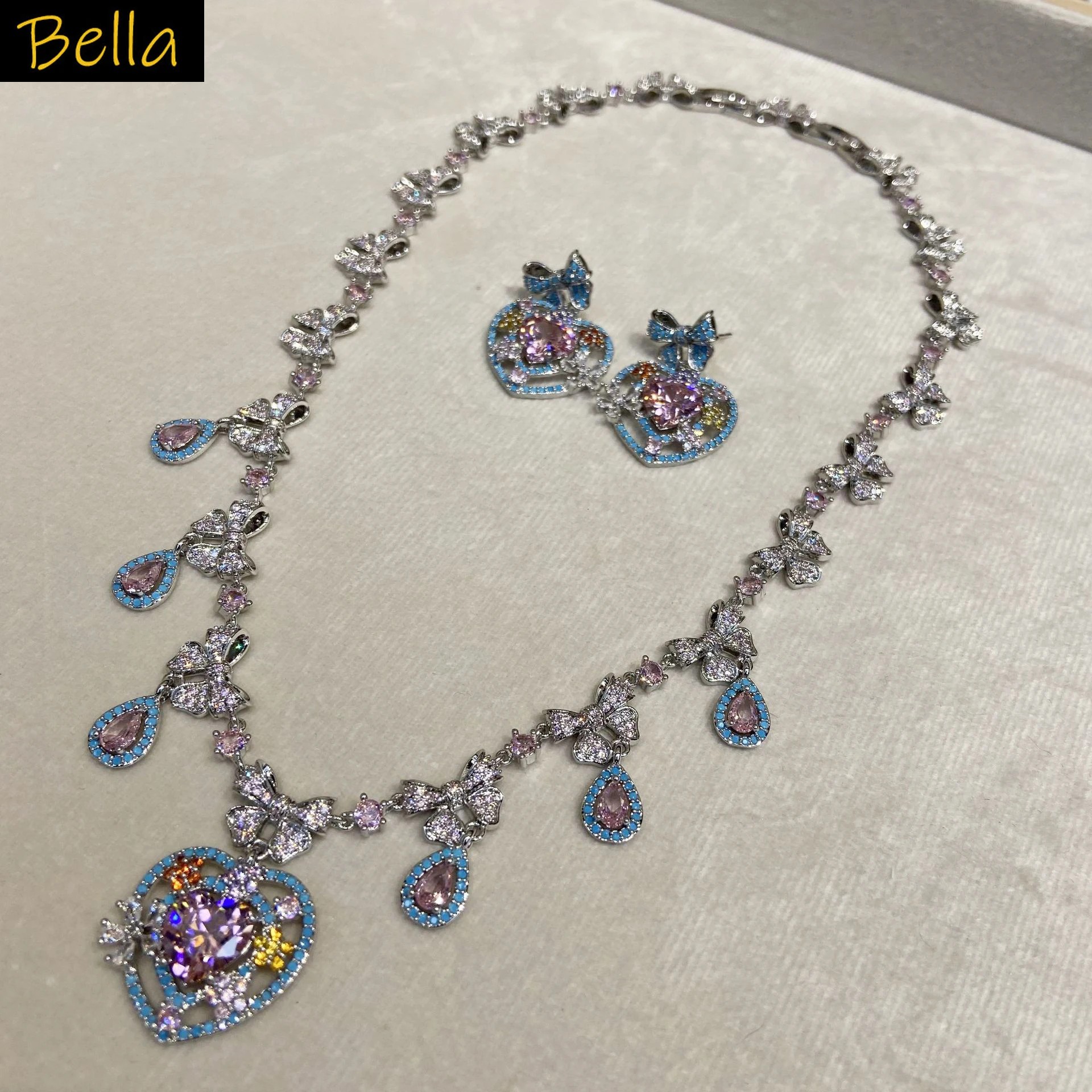 luxury sweet jewelry set blue pink zirconia heart bowknot necklace earrings women wedding dinner party brithday gift