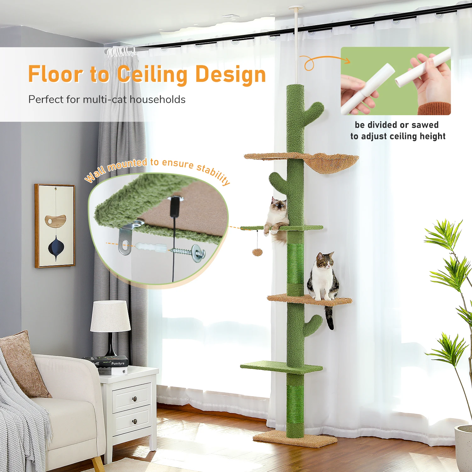 Adjustable Height Cat Tree for Indoor, Floor to Ceiling Cat Tower with Scratching Posts, Cat Condo, Hammock and Dangling Balls