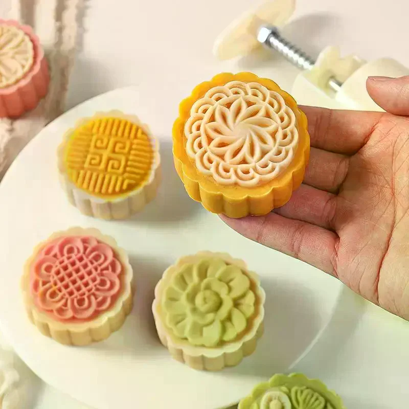 Plastic Hand Pressure Mooncake Mold Cookie Stamps Flower Cherry Pattern Mid Autumn Pastry Decoration Tool Mid-Autumn Festival