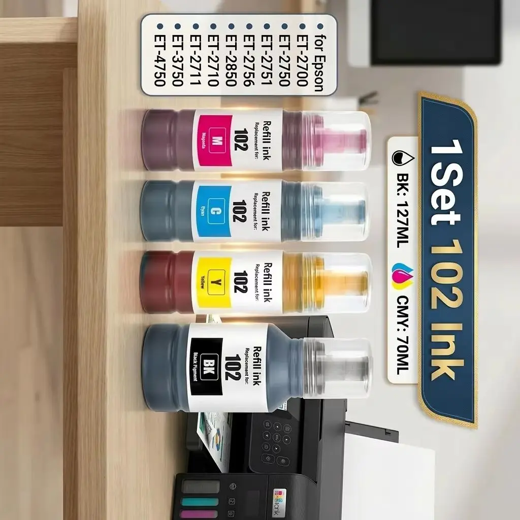 

Набор из 102 чернил для Epson ET-2700 ET-2750 ET-2751 ET-2756 ET-2850 ET2710 2711 ET2700 ET3750 ET2750 ET4750 BK:127 мл CMY:70 мл