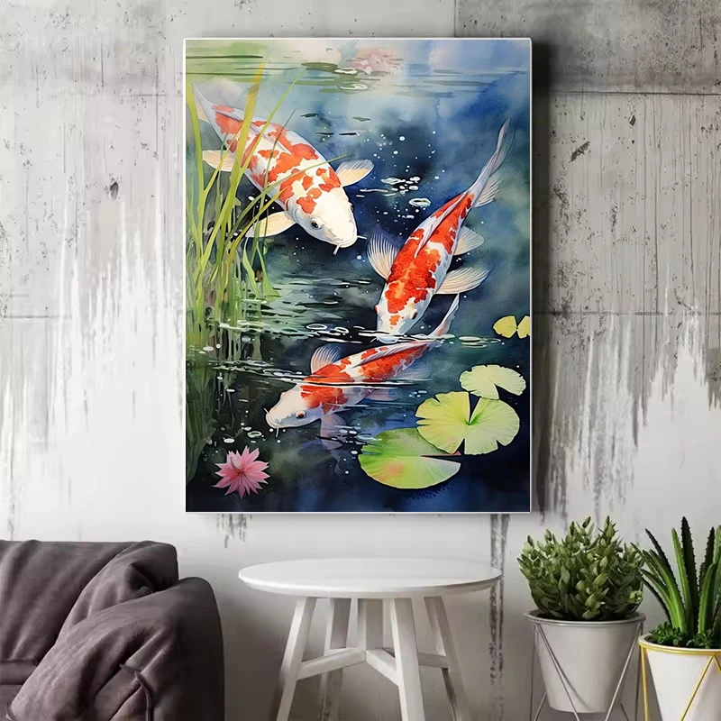 Classic Traditional Good Luck Red Koi Fish Water Lotus Poster Canvas Painting Wall Art Pictures for Living Room Home Decor