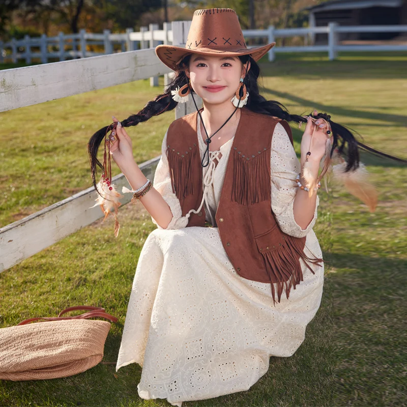 

Ретро-комплект для путешествий в стиле прерий: джинсовый жилет с бахромой и вышивкой, укороченный, на одной пуговице, цветной, из полиэстера