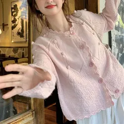 Spring Autumn Lace Knitted Shirt Fashion Hollow Out Women's Clothing Loose Sweet Solid Color Casual O-Neck Long Sleeve Blouse