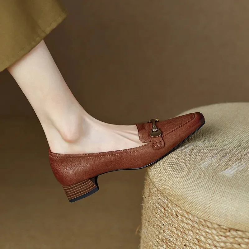 True Soft Leather Single Shoes Women 2024 Spring New Square Head Middle Heel Thick