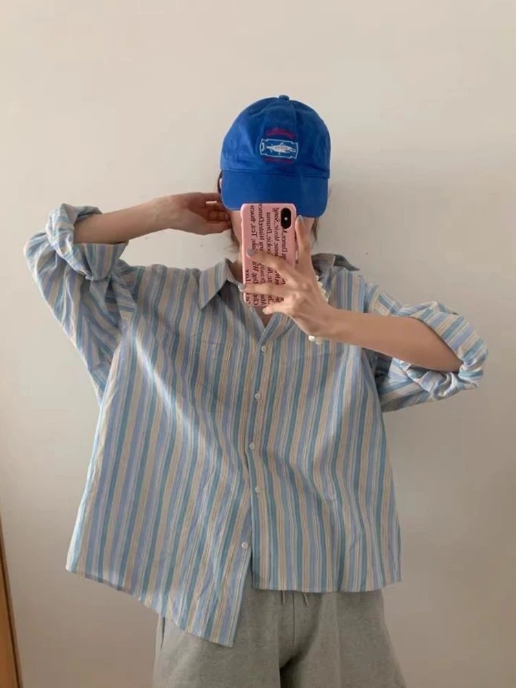 

Zoki Fall Women Striped Shirt Vintage Loose Long Sleeve Korean Casual Blouse Retro Sweet Oversize Simple Harajuku Lady Tops New