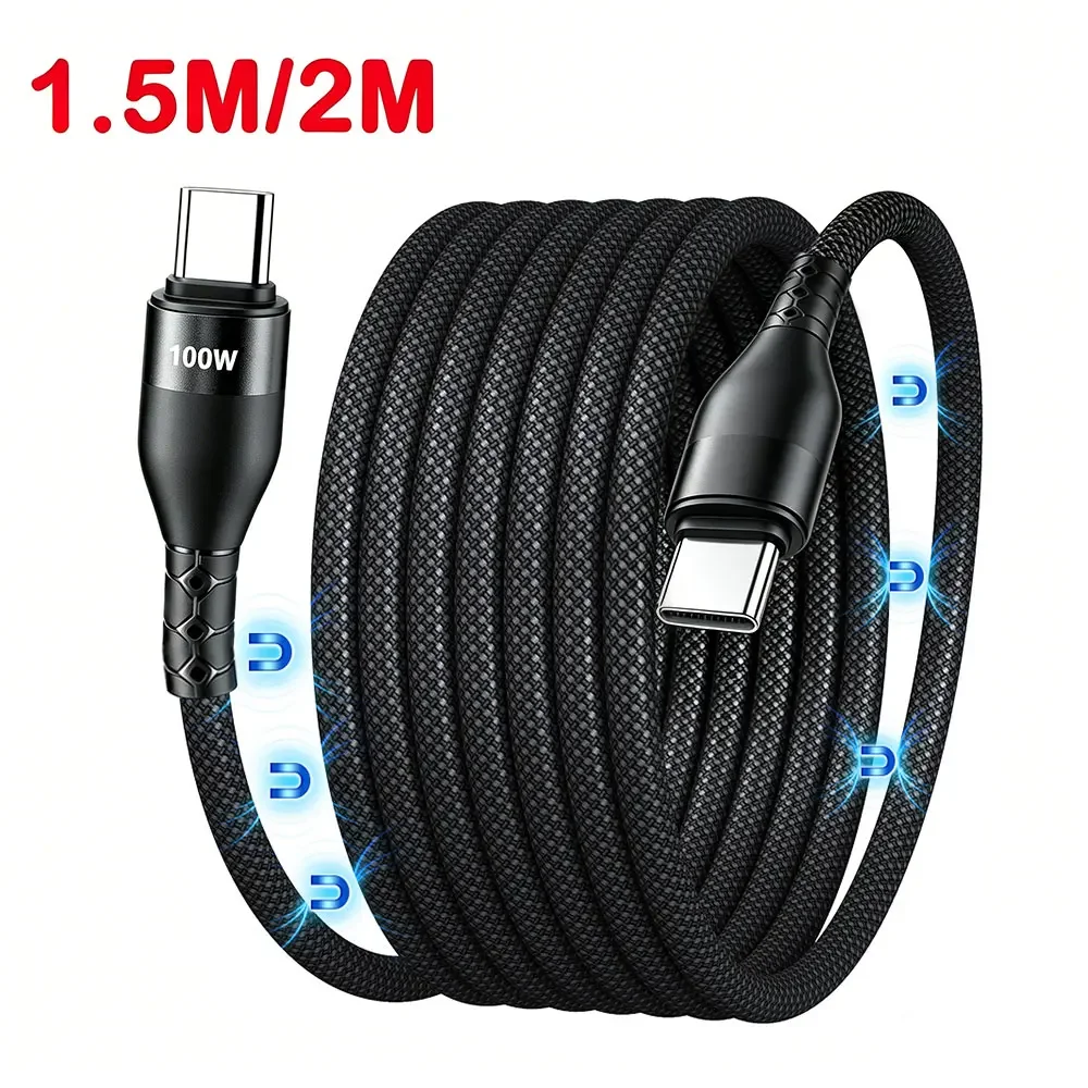 1.5M/2M 100W PD Fast Charging Cable Magnetic Suction Anti Winding USB C to USB Type C QC 4.0 Cord for iPhone 15 MacBook Huawei