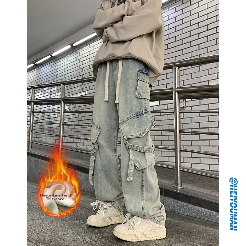 

Мужские джинсы в американском стиле, свободного кроя, повседневные брюки, осенние модные длинные брюки с отворотами, большие размеры