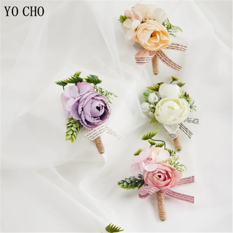 Silk Roses Wedding Boutonniere Corsage Men Boutonnieres Flowers Wrist Bridesmaid Bracelet Flowers Groom Buttonhole Suit Broche