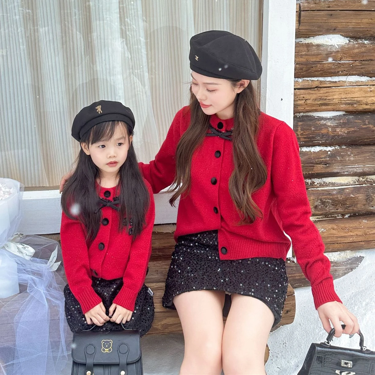 Mother Daughter Equal Red Knit Coat Mom and Baby Girls Cardigan Mommy and Me Sweater Jacket Skirts Two Peice Outfits Women Sets