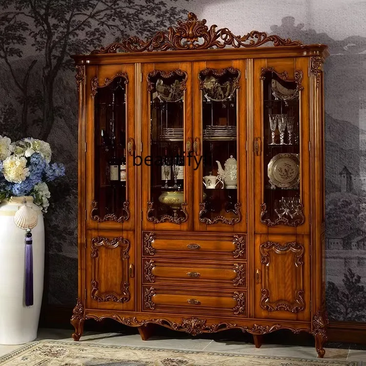 European-Style Four-Door Wine Cabinet American Style Luxury Glass Door Wall Tea Cabinet Mansion Bookcase Furniture