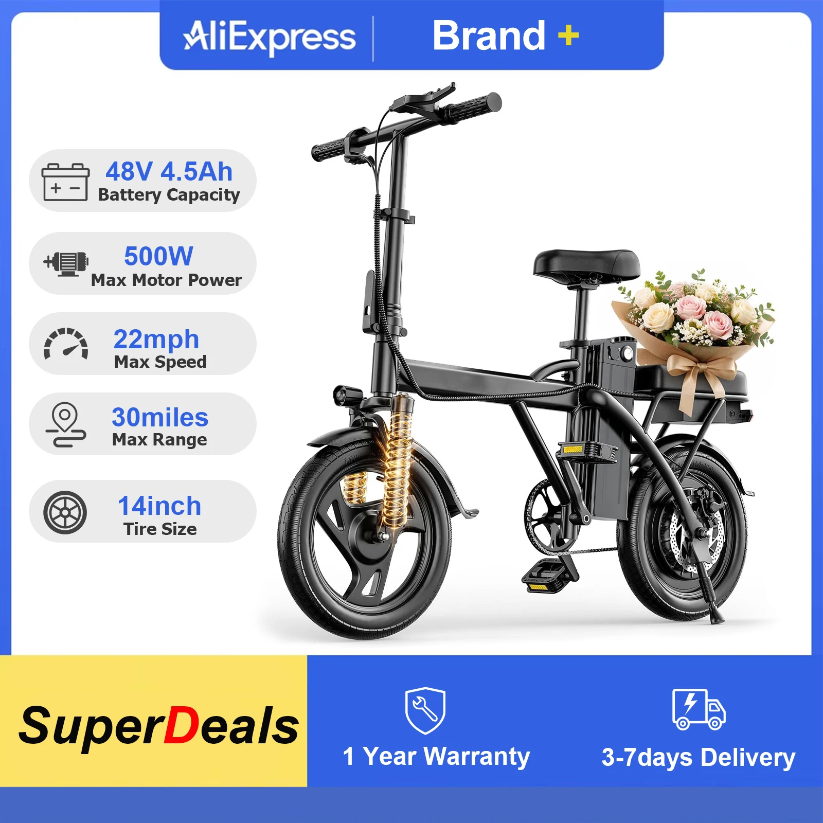 2026 New 14" Electric Bike 500W Motor 22Mph Max Speed 30-45Miles Max Range Dual Brake System Portable Foldable Ebike for Commuting Outdoor fun