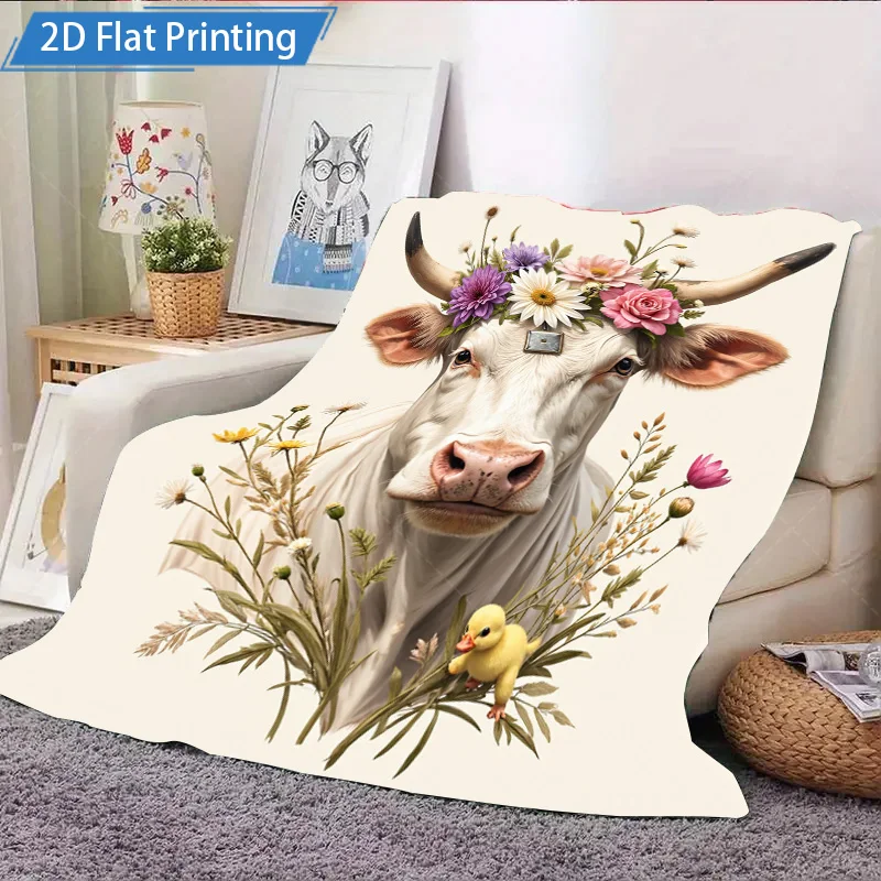 1 Stück Flanelldecke mit Blumenmuster, Kuh- und Ente-Motiv, weich, gemütlich, Überwurf für Heimdekoration, Bauernhaus-Stil, 2D-Flachdruck