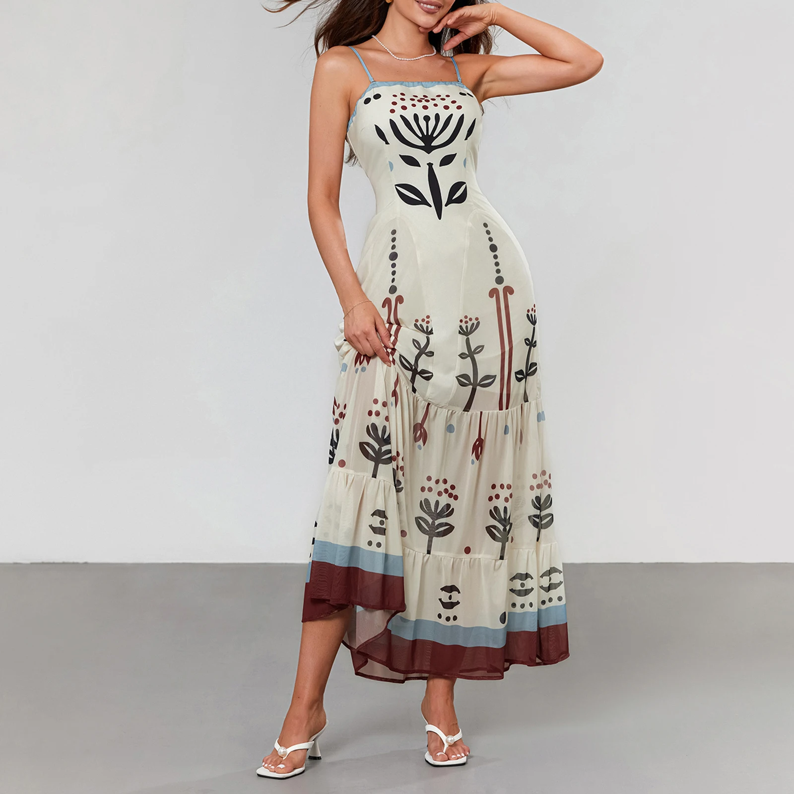 

Summer Sleeveless Bohemian Dress Women Abstract Floral Print Spaghetti Strap A-Line Party Long Dress for Vacation Streetwear