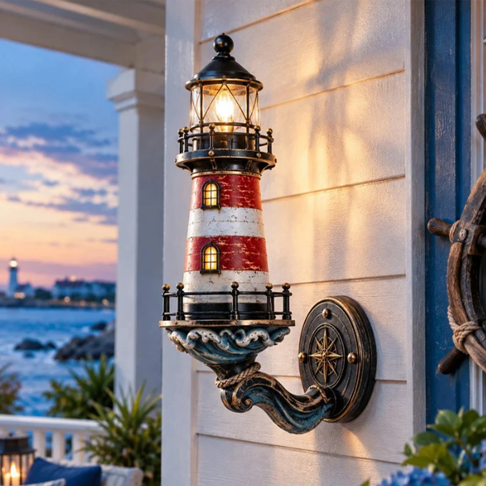 Resin Lighthouse Outdoor Wall Lamp Coastal Nautical Porch Sconce Red White Stripe Wave Compass Backplate