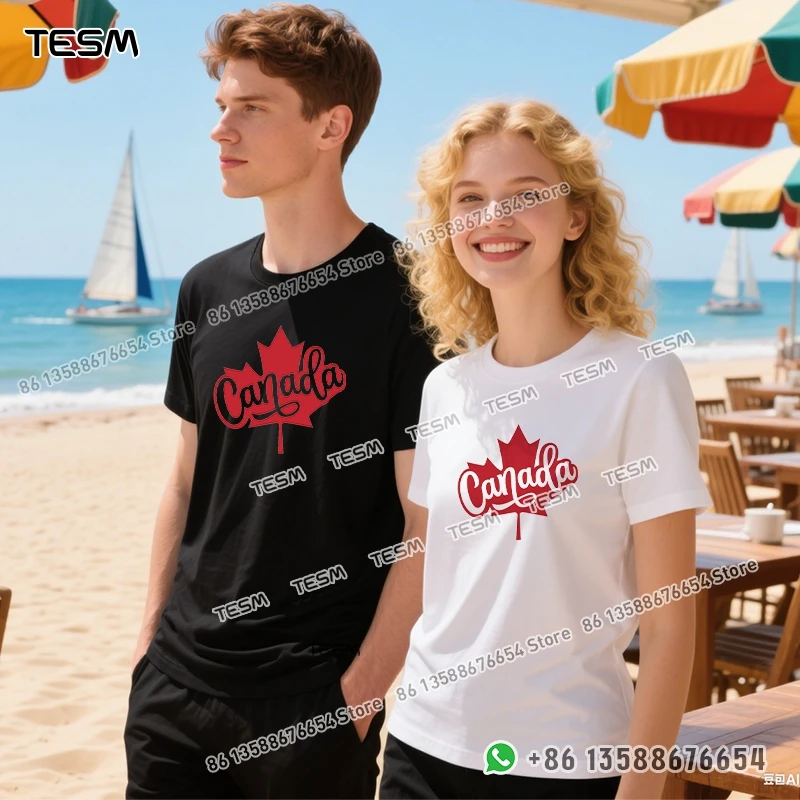 TESM Maple Leaf Print Men Cotton T-shirt Casual Loose Short-sleeve Party Parent-child Outfit Mom Dad Family Vacation Top