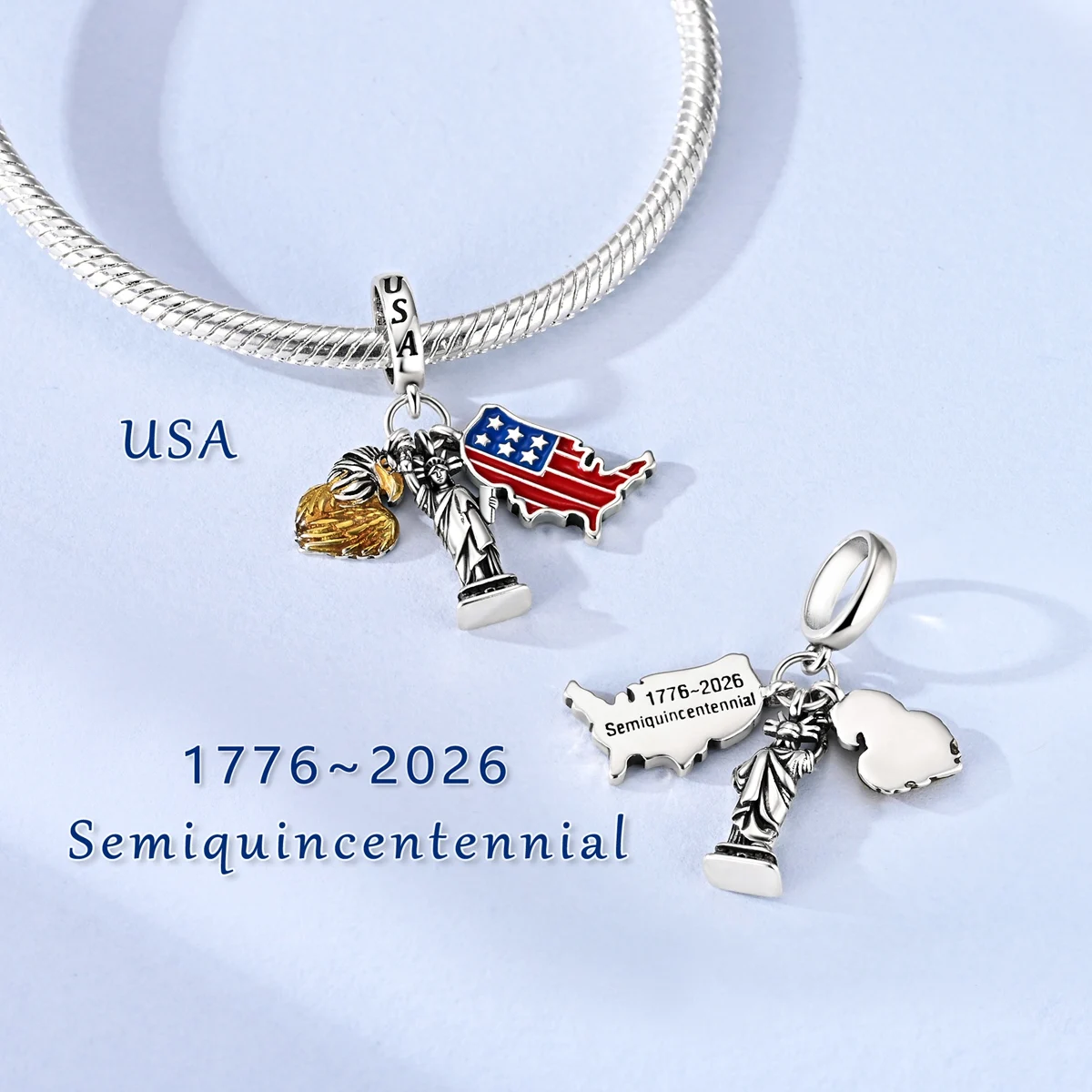 925 Sterling Silver Charm USA 250th Anniversary ndependence Day American Flag Pendant For Woman Fit Bracelet Diy Fine Jewelry