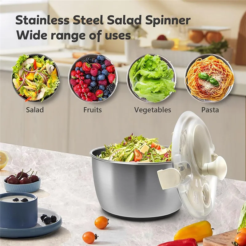 ABKY-Stainless Steel Salad Lettuce Spinner مع غطاء، إطار تصريف الحوض قاعدة غير قابلة للانزلاق يدوية سريعة المدمجة